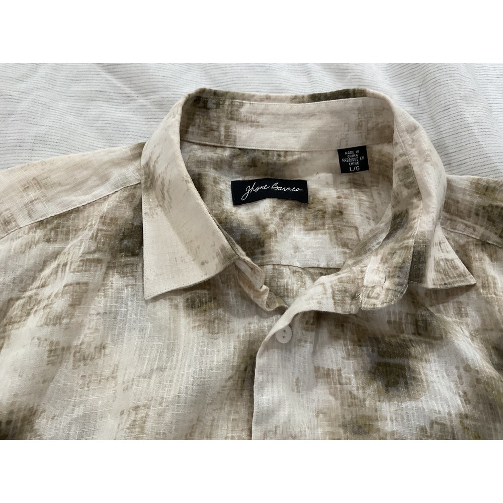 Jhane Barnes Mens Linen Cotton Abstract Print Button Down Shirt Large Olive Tan